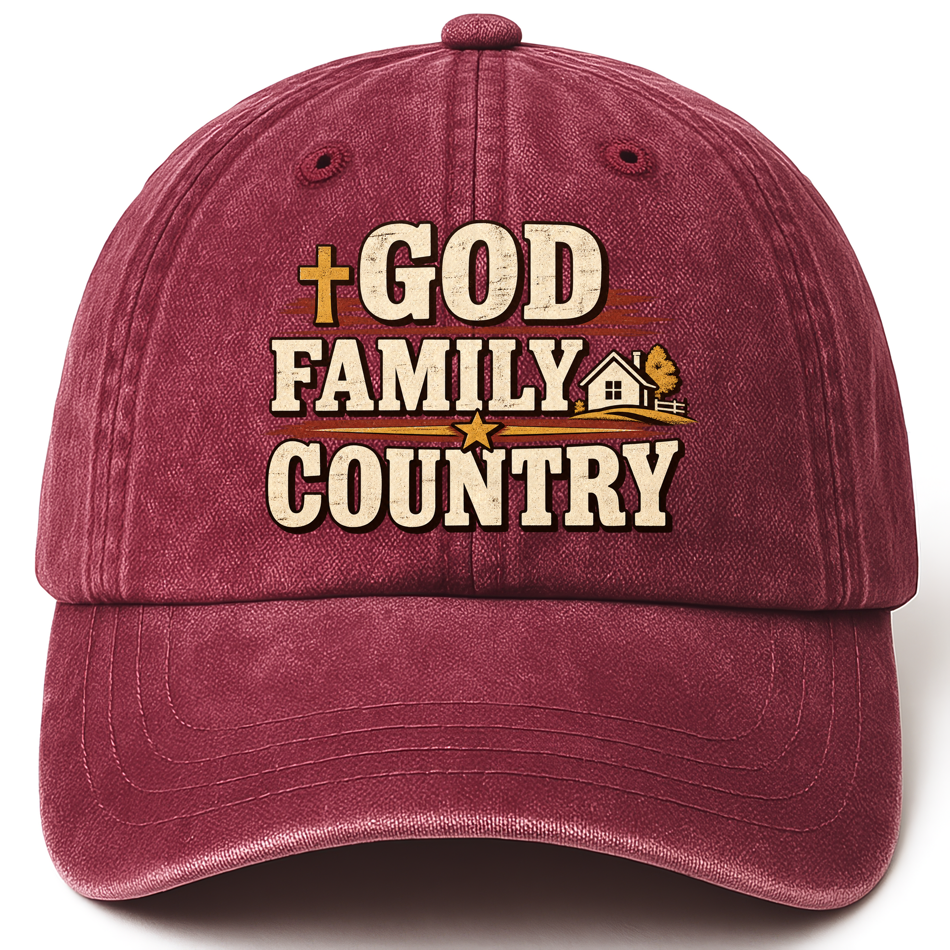 Wine Red vintage washed cap with God Family Country printed front design