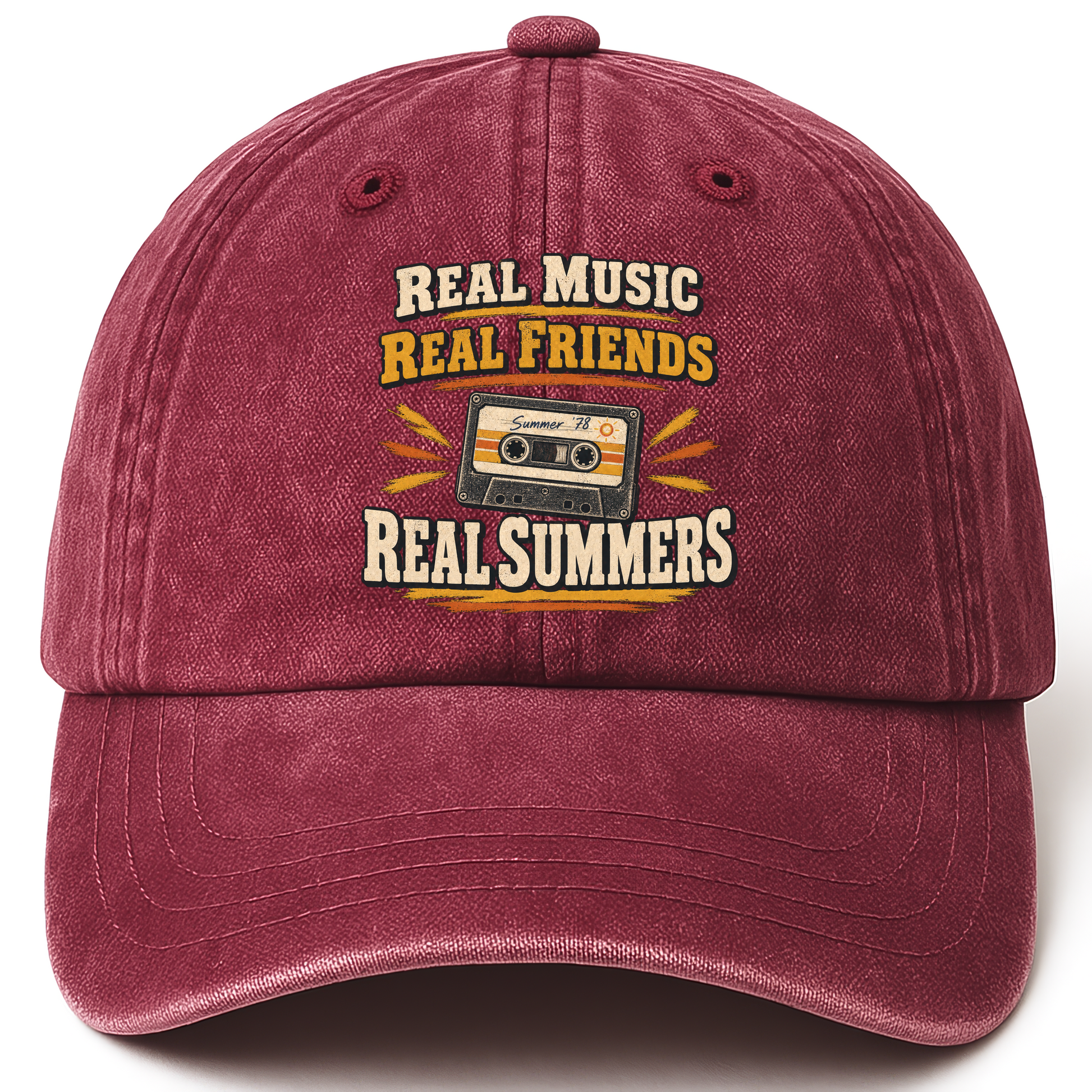 Wine Red vintage washed cap with Real Music Real Friends Real Summers printed front design