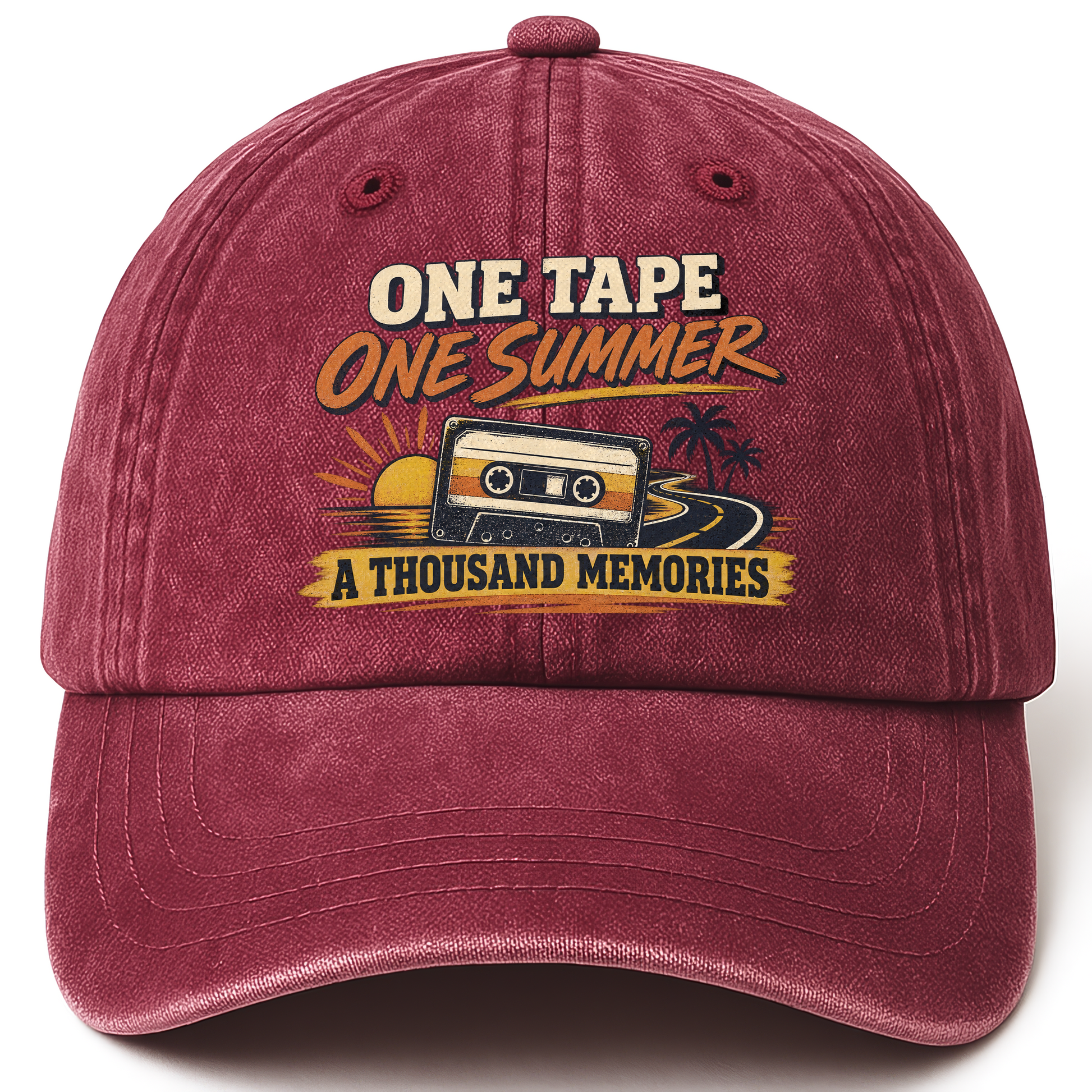 Wine Red vintage washed cap with One Tape One Summer A Thousand Memories printed front design