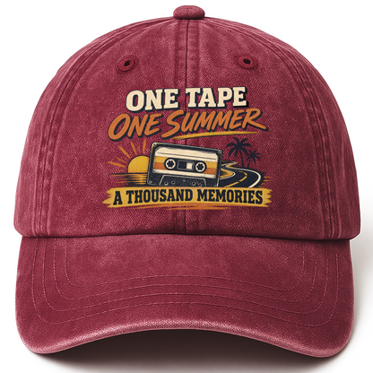 Wine Red vintage washed cap with One Tape One Summer A Thousand Memories printed front design