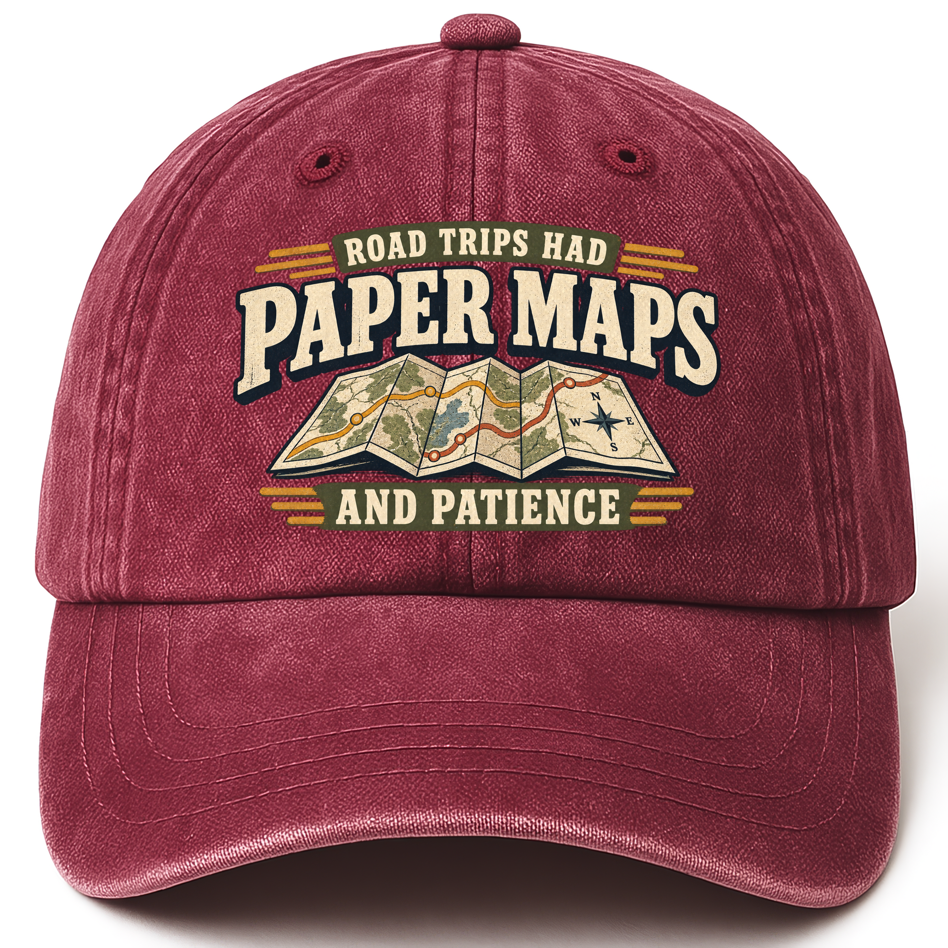 Wine Red vintage washed cap with Road Trips Had Paper Maps And Patience printed front design