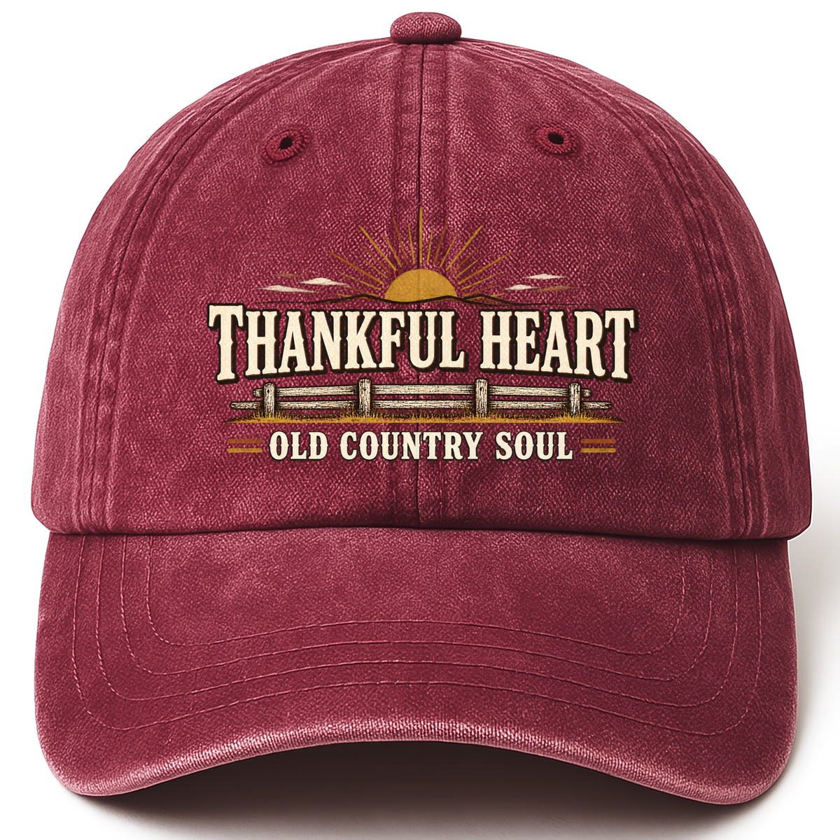 Wine Red vintage washed cap with Thankful Heart Old Country Soul printed front design