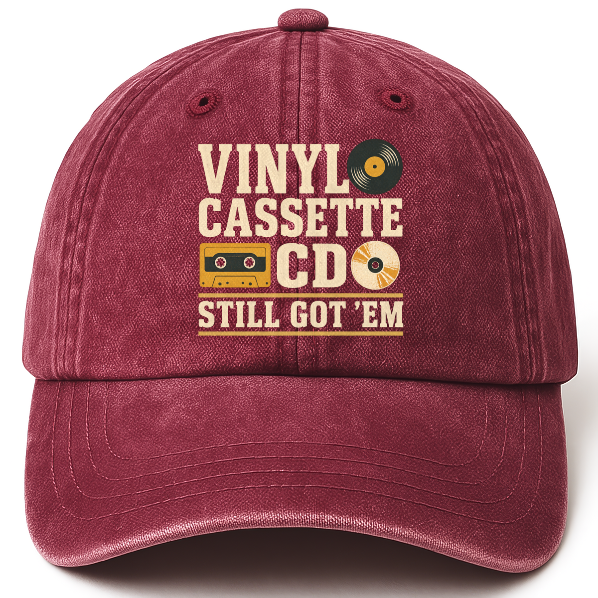 Wine Red vintage washed cap with Vinyl Cassette CD Still Got 'Em printed front design