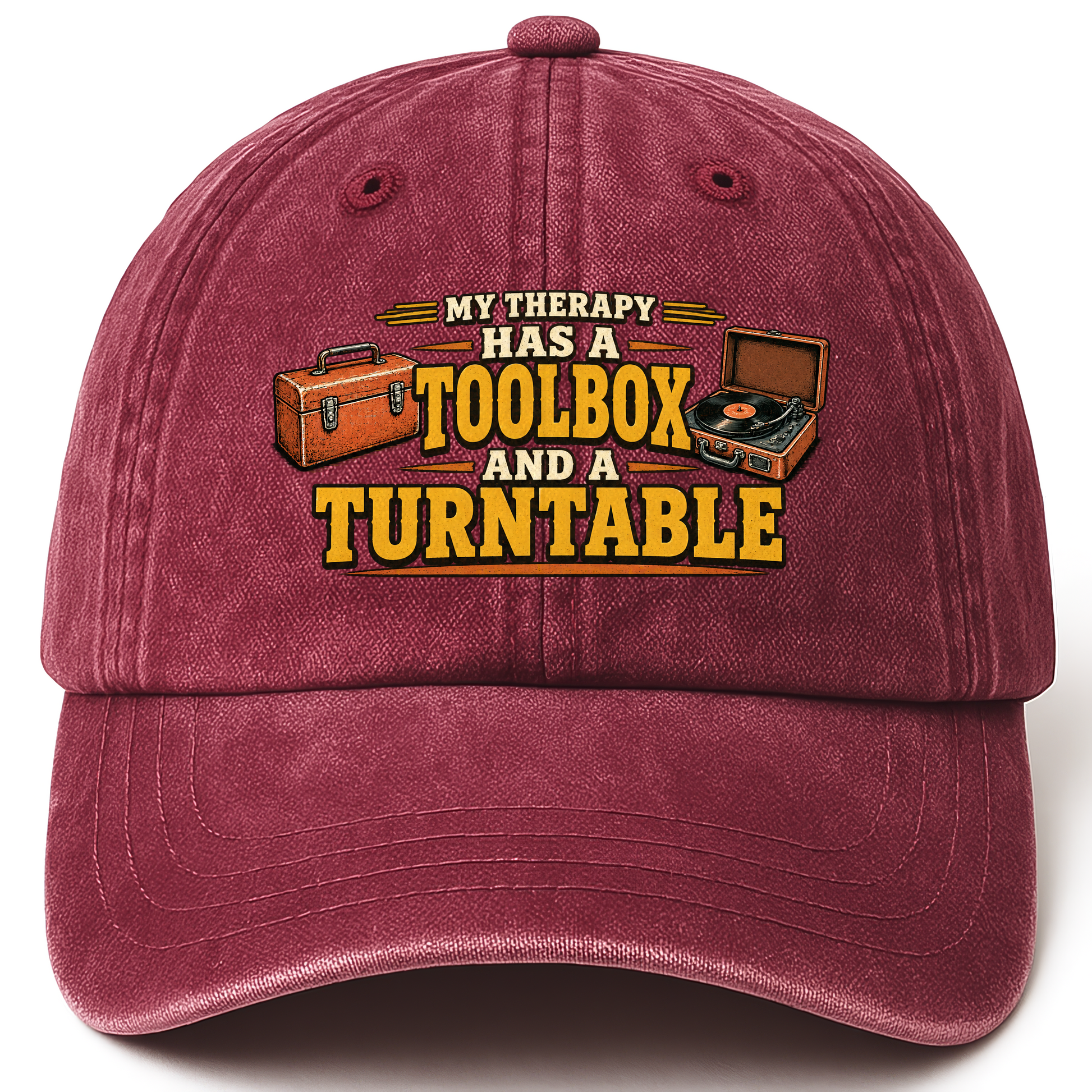 Wine Red vintage washed cap with 33 toolbox and turntable ideogram 4x TRIM pad80 printed front design