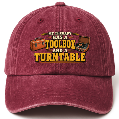 Wine Red vintage washed cap with 33 toolbox and turntable ideogram 4x TRIM pad80 printed front design