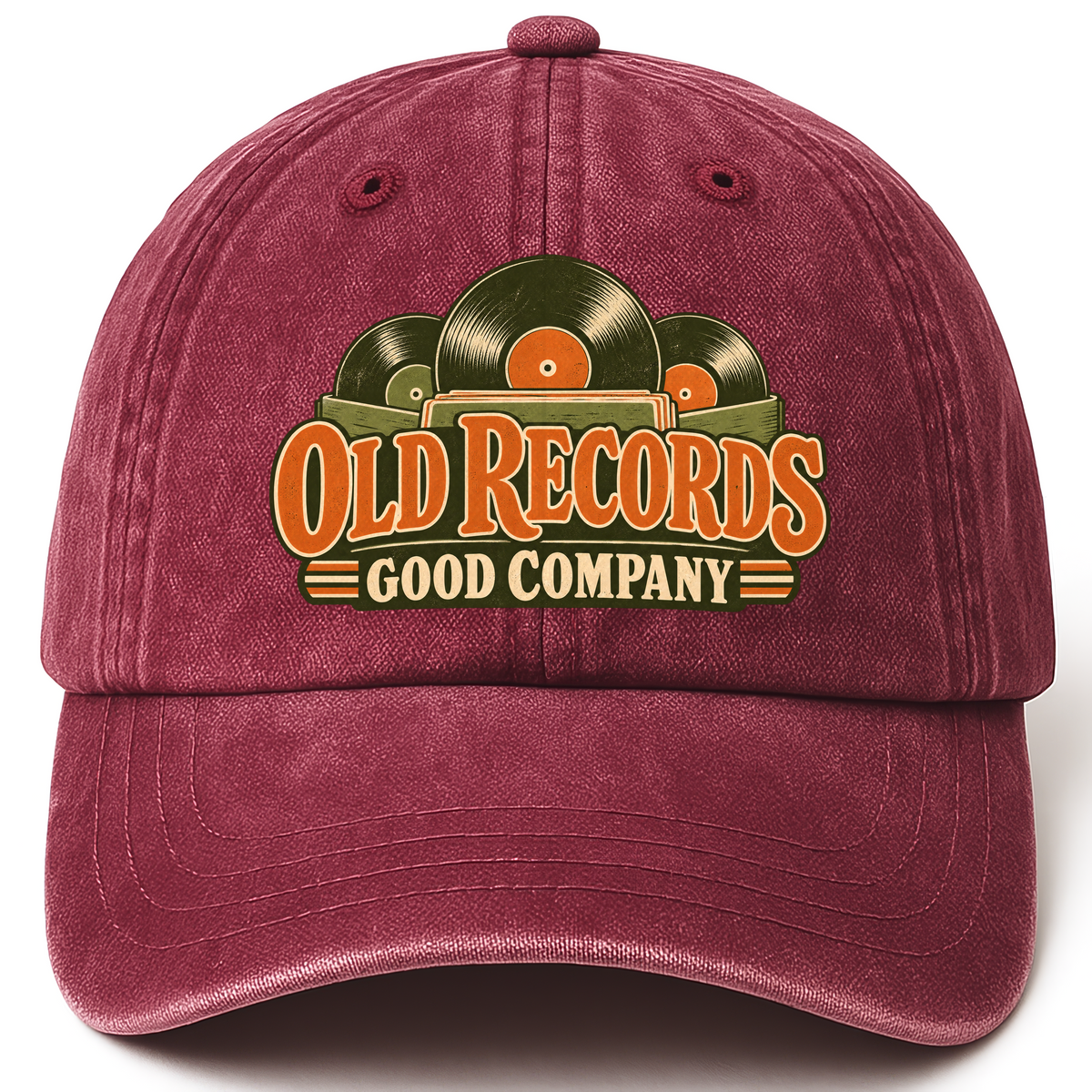 Wine Red vintage washed cap with Old Records Good Company printed front design