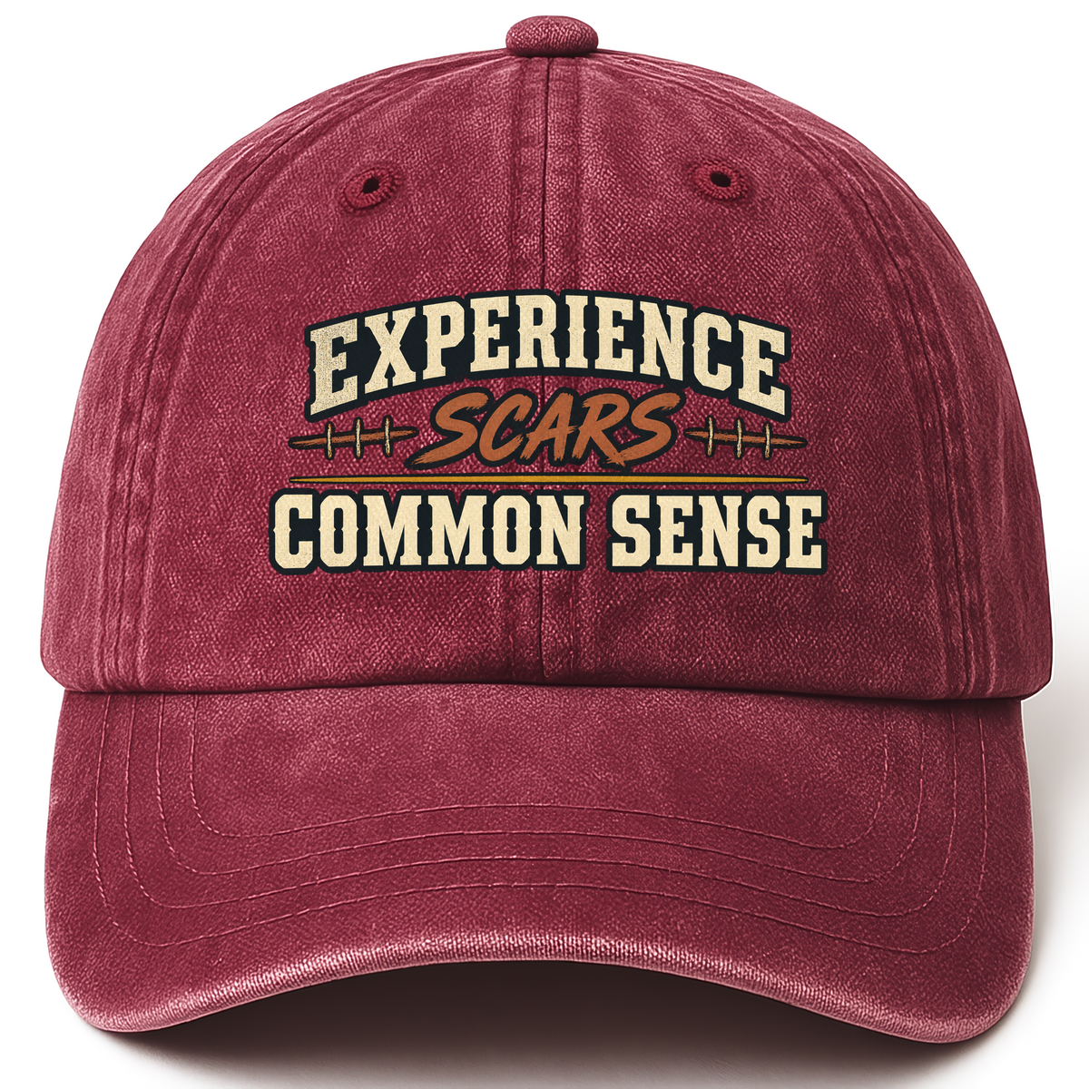 Wine Red vintage washed cap with Experience Scars. Common Sense printed front design