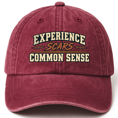 Wine Red vintage washed cap with Experience Scars. Common Sense printed front design