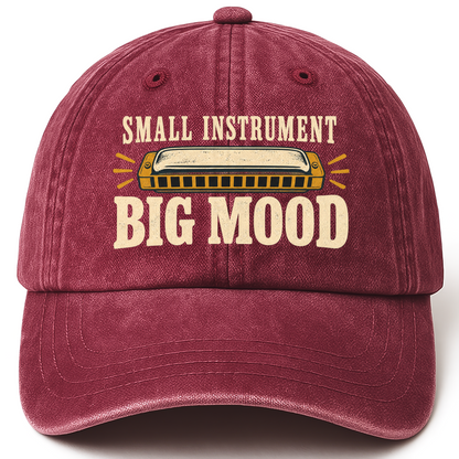 Wine Red vintage washed cap with Small Instrument. Big Mood printed front design