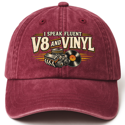 Wine Red vintage washed cap with 32 v8 and vinyl ideogram 4x TRIM pad80 printed front design