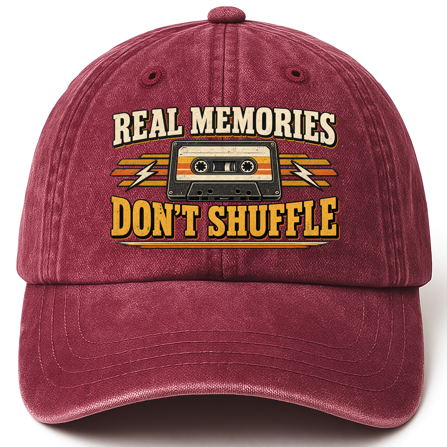 Wine Red vintage washed cap with Real Memories Don’t Shuffle printed front design