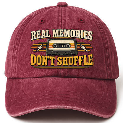 Wine Red vintage washed cap with Real Memories Don’t Shuffle printed front design