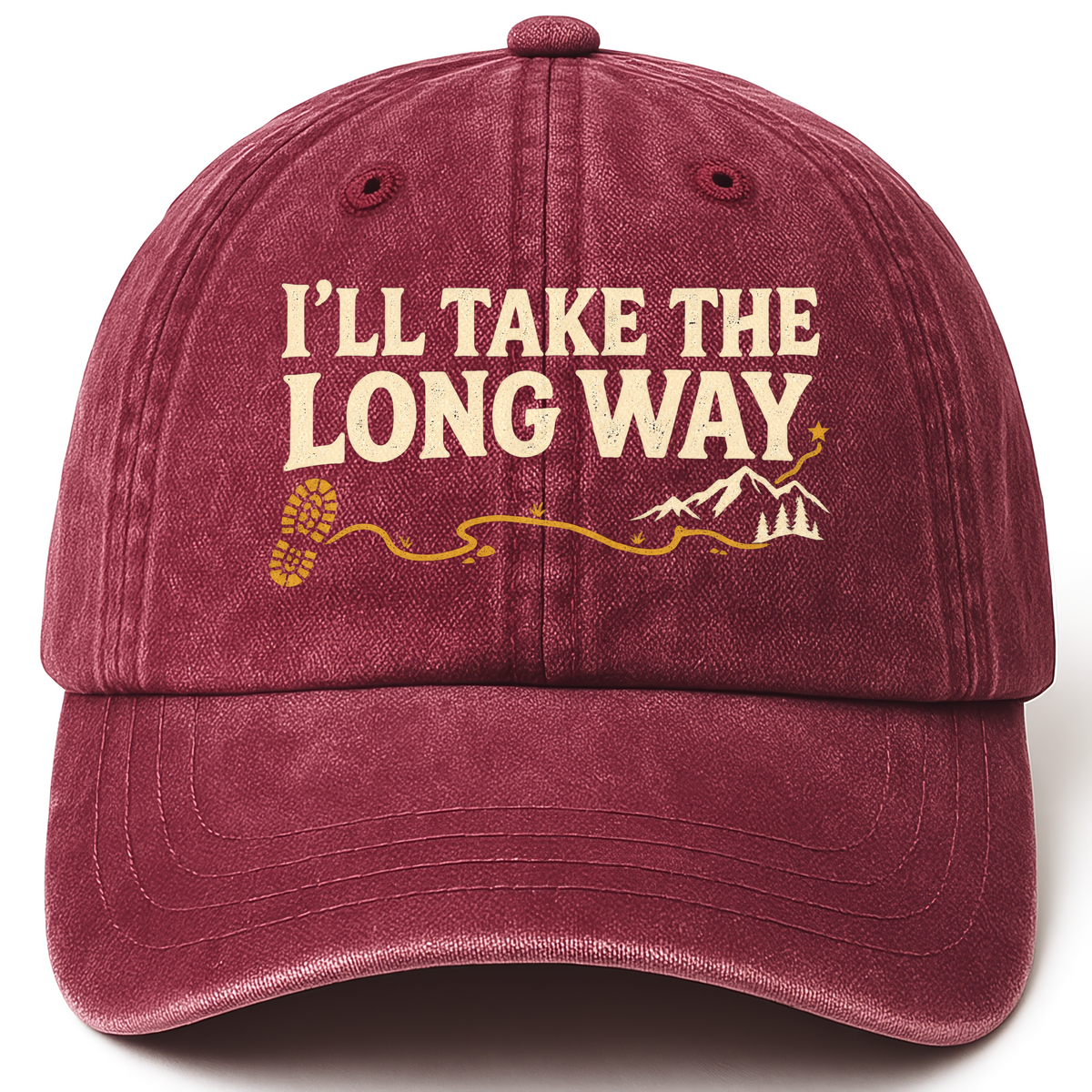 Wine Red vintage washed cap with I’ll Take The Long Way printed front design