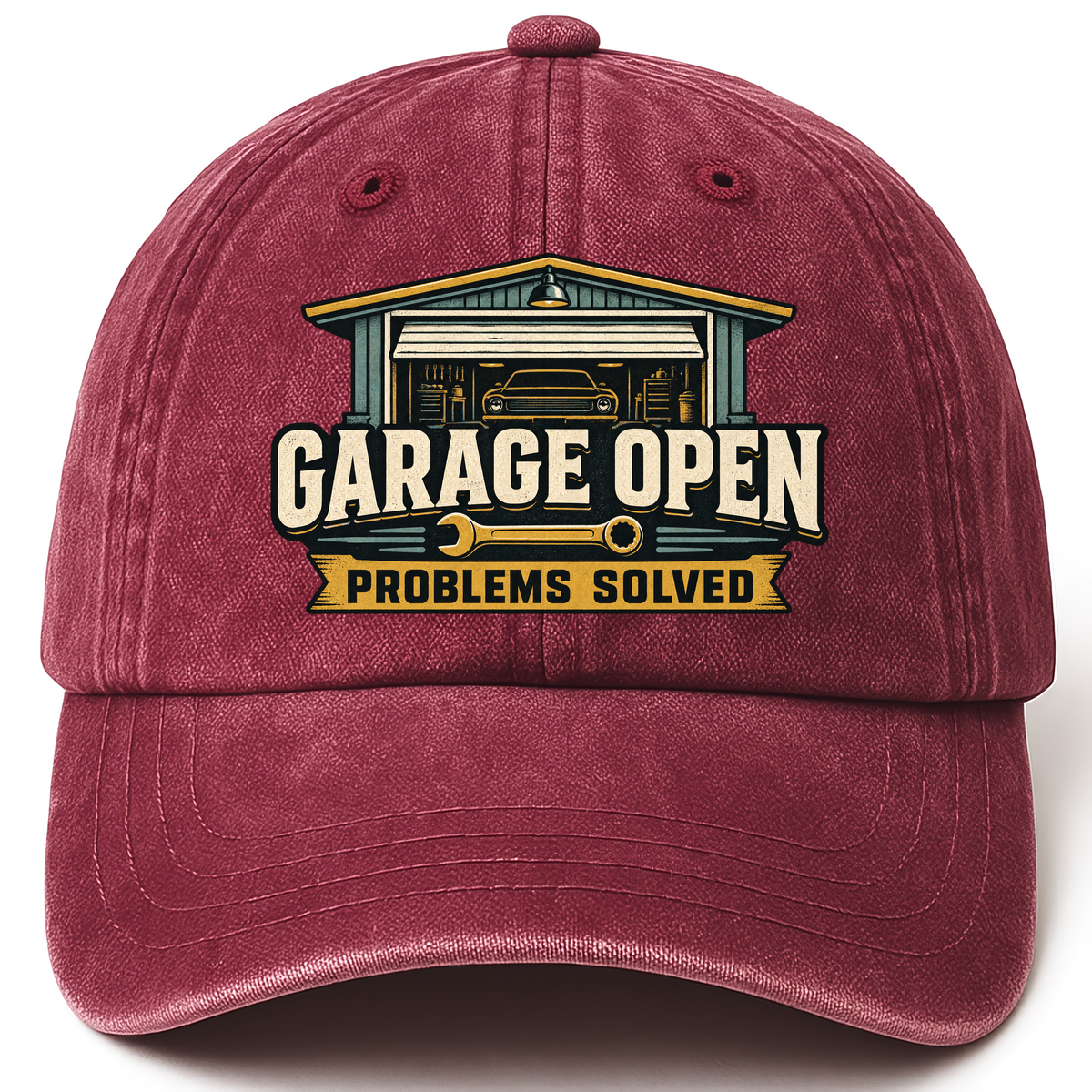 Wine Red vintage washed cap with Garage Open Problems Solved printed front design