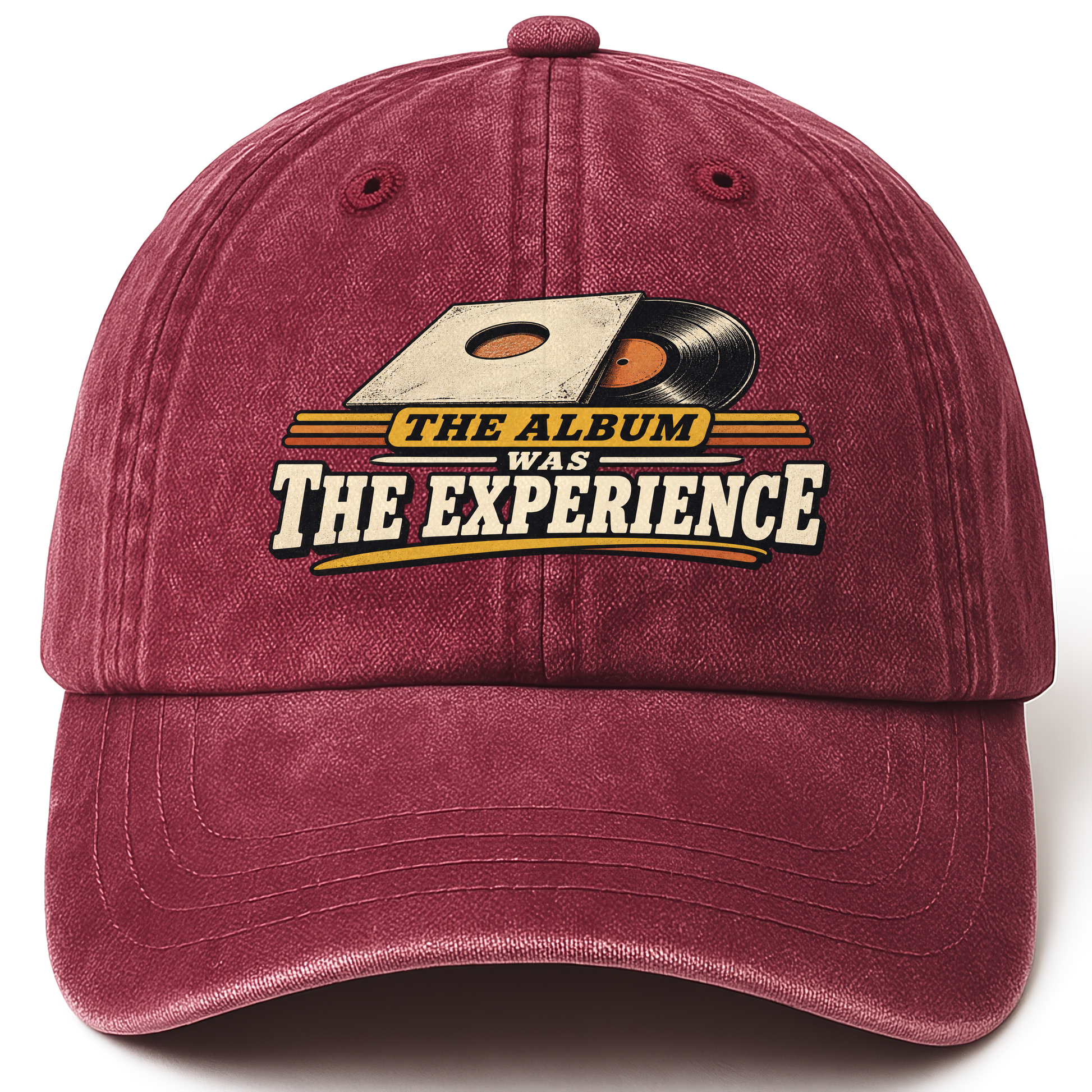 Wine Red vintage washed cap with The Album Was The Experience printed front design