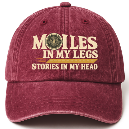 Wine Red vintage washed cap with Miles In My Legs. Stories In My Head printed front design