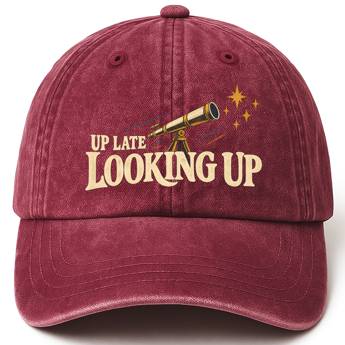 Wine Red vintage washed cap with Up Late Looking Up printed front design