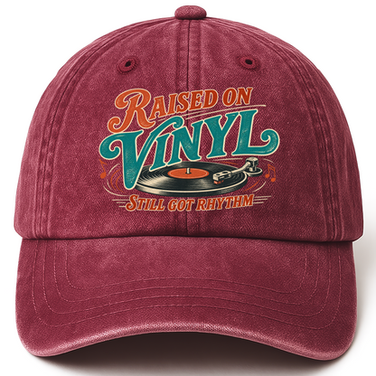 Wine Red vintage washed cap with Raised On Vinyl Still Got Rhythm printed front design