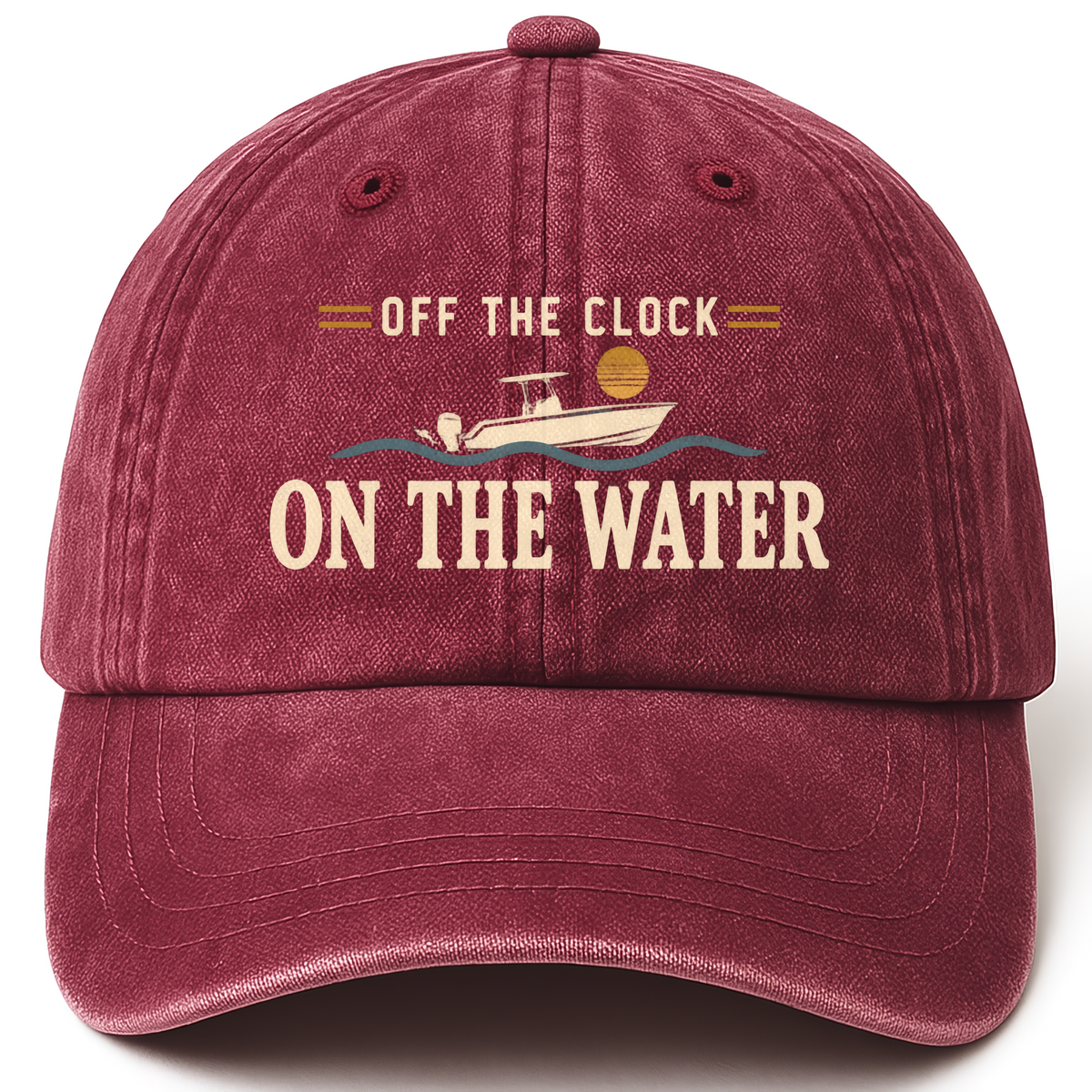 Wine Red vintage washed cap with Off The Clock On The Water printed front design