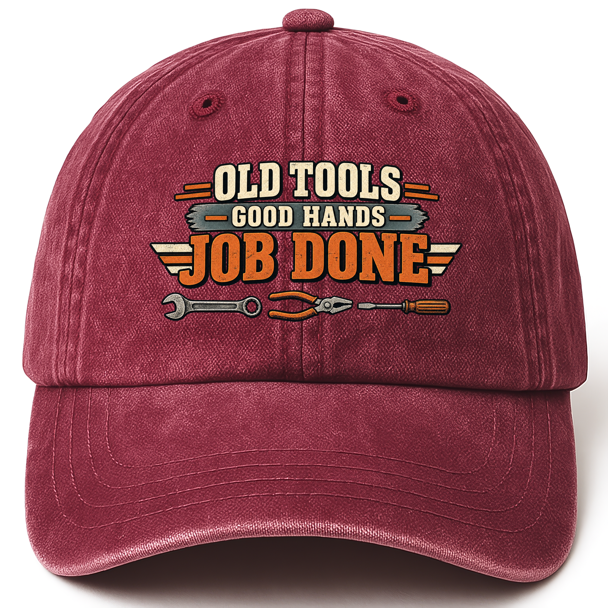 Wine Red vintage washed cap with Old Tools Good Hands Job Done printed front design