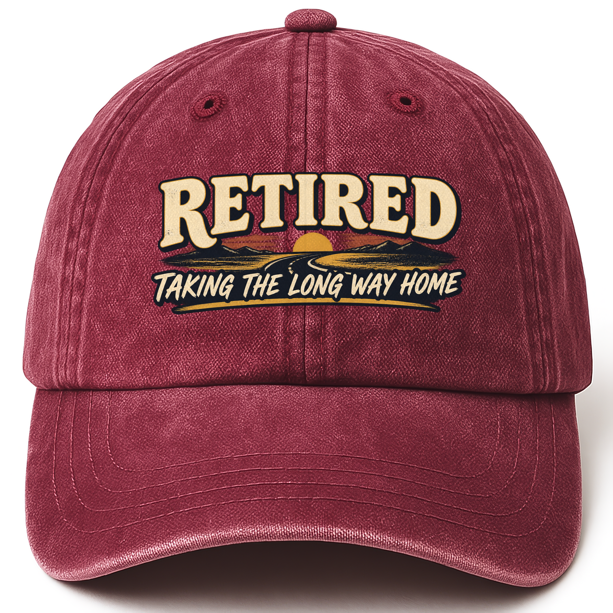 Wine Red vintage washed cap with Taking The Long Way Home printed front design
