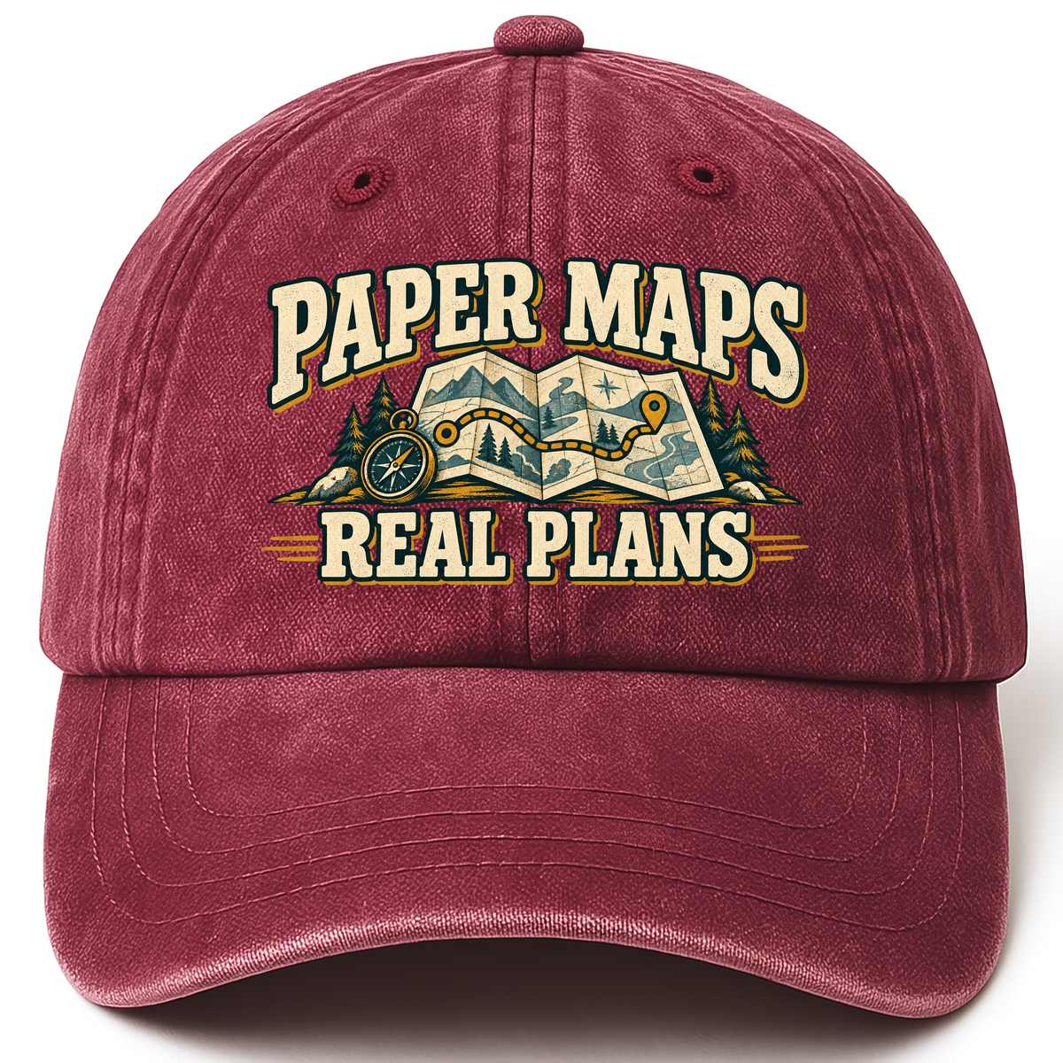 Wine Red vintage washed cap with Paper Maps. Real Plans printed front design