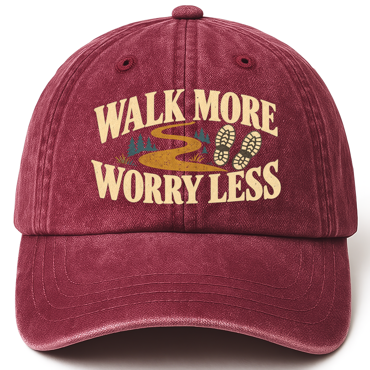 Wine Red vintage washed cap with Walk More. Worry Less printed front design