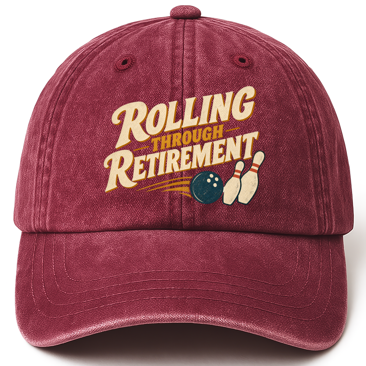Wine Red vintage washed cap with Rolling Through Retirement printed front design