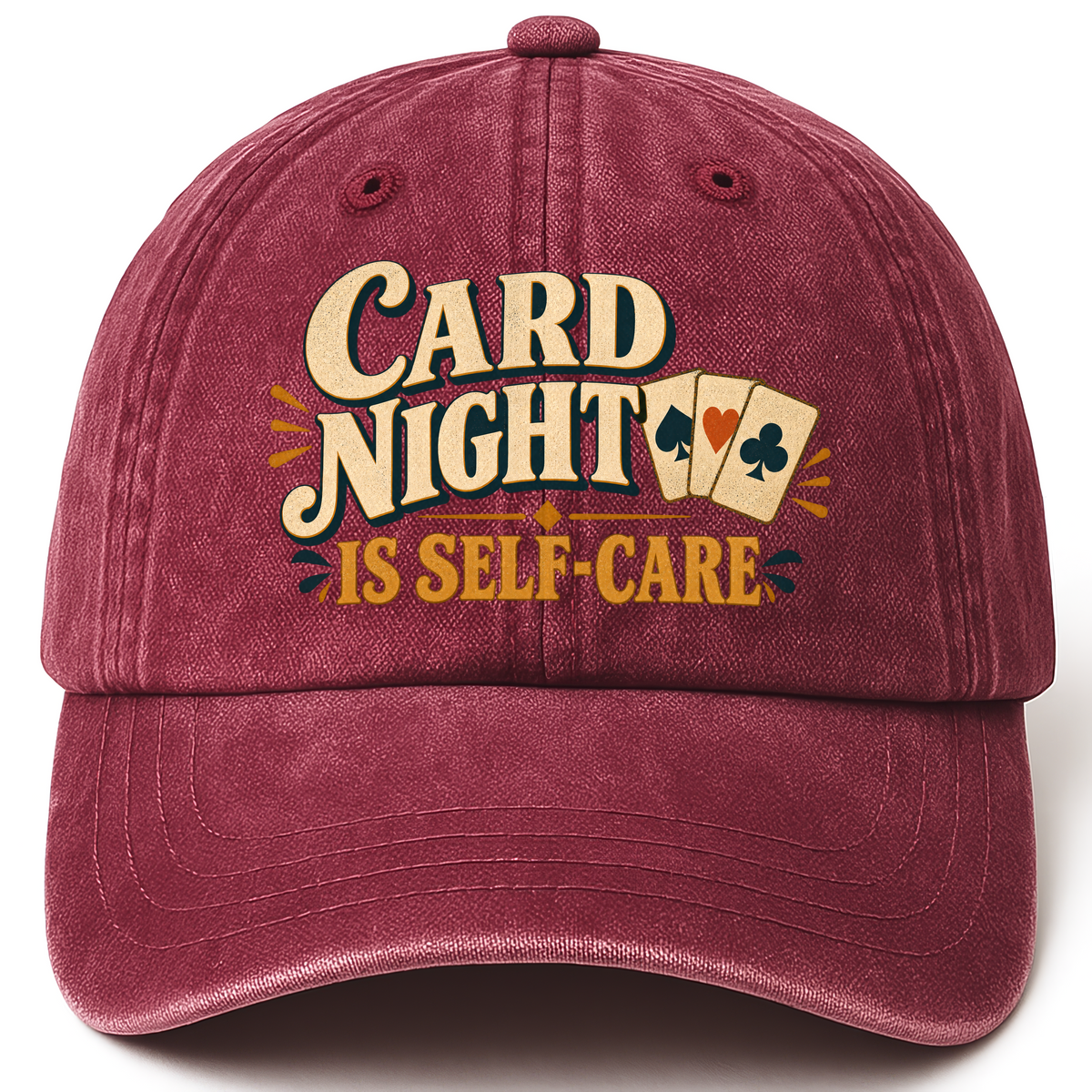 Wine Red vintage washed cap with Card Night Is Self-Care printed front design