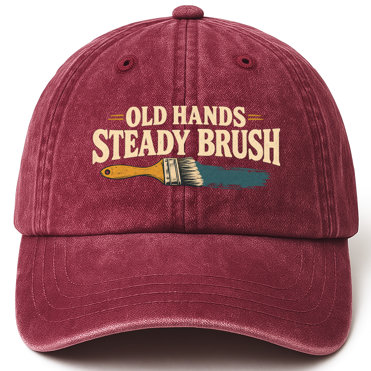 Wine Red vintage washed cap with Old Hands = Steady Brush printed front design