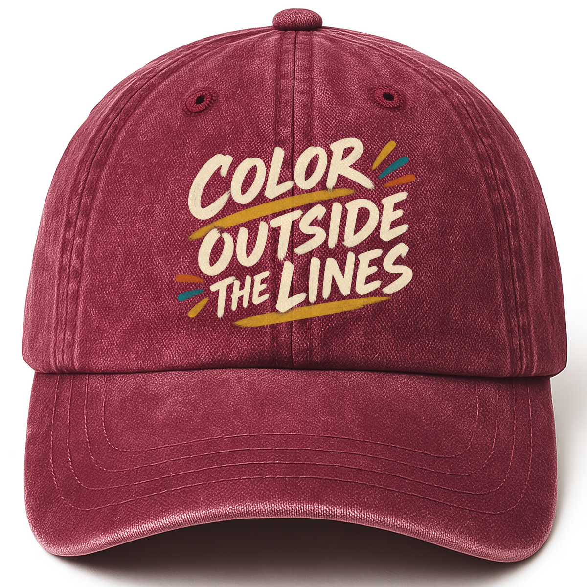 Wine Red vintage washed cap with Painting Outside The Lines printed front design