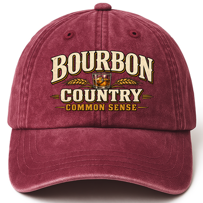 Wine Red vintage washed cap with Bourbon Country Common Sense printed front design