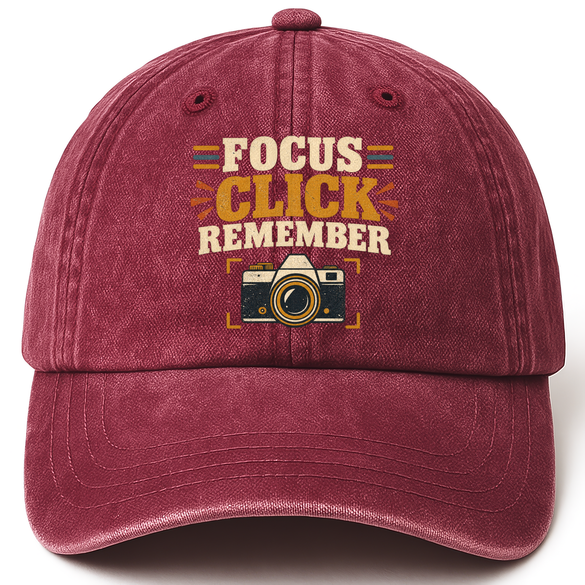Wine Red vintage washed cap with Focus Click Remember printed front design