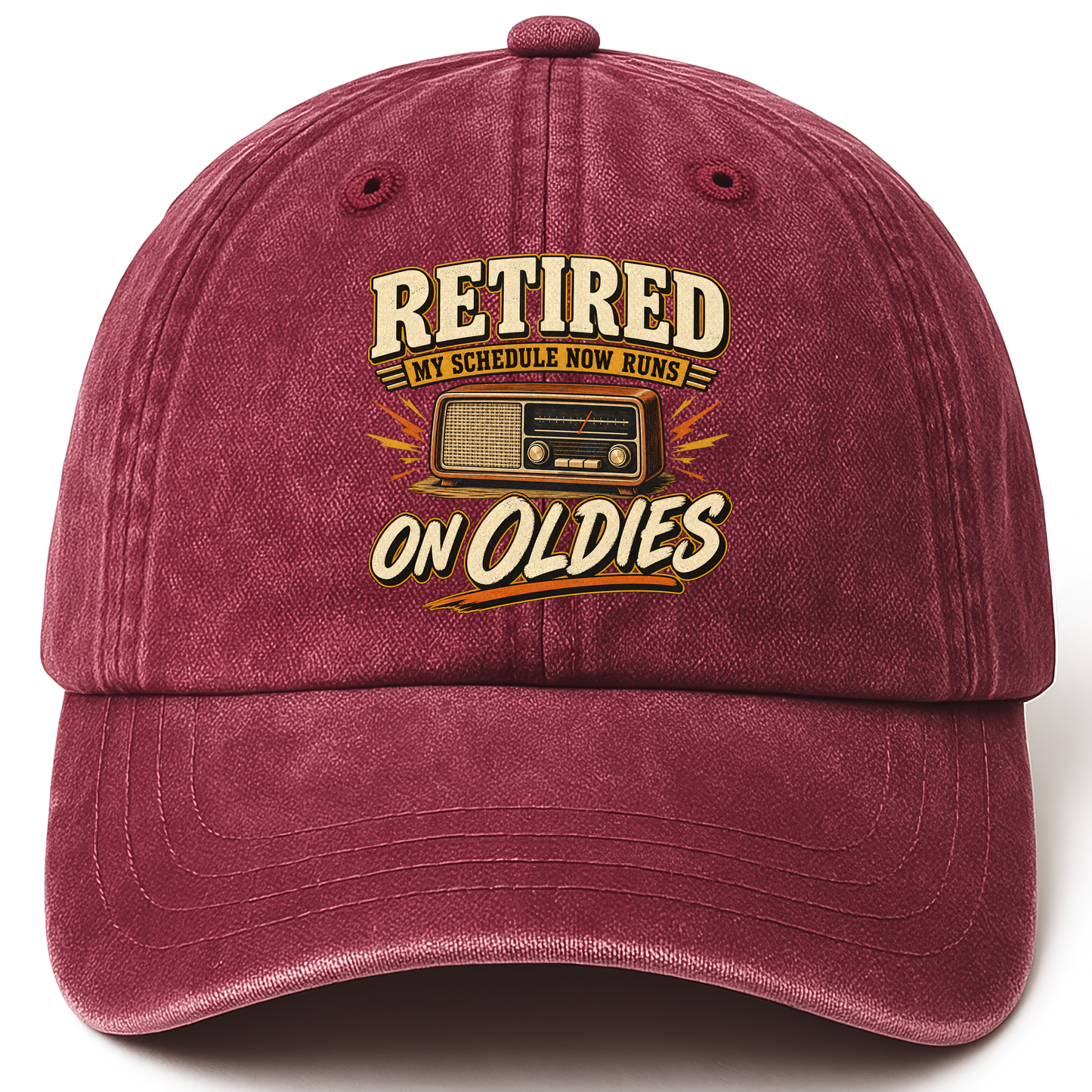 Wine Red vintage washed cap with 39 schedule runs on oldies ideogram 4x TRIM pad80 printed front design