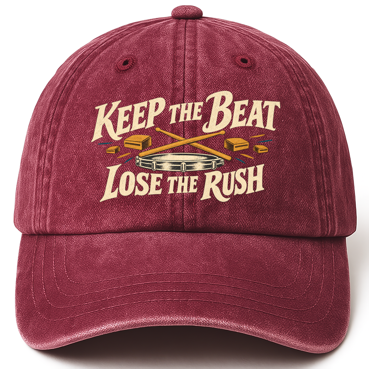 Wine Red vintage washed cap with Keep The Beat. Lose The Rush printed front design