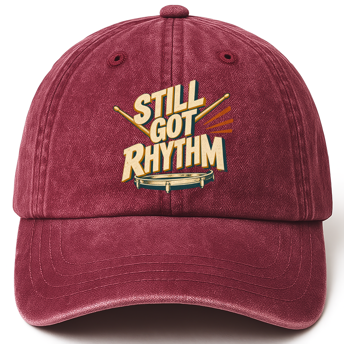 Wine Red vintage washed cap with Still Got Rhythm printed front design