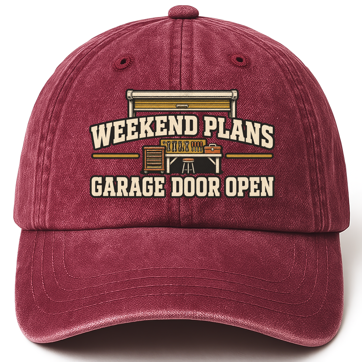 Wine Red vintage washed cap with Weekend Plans. Garage Door Open printed front design