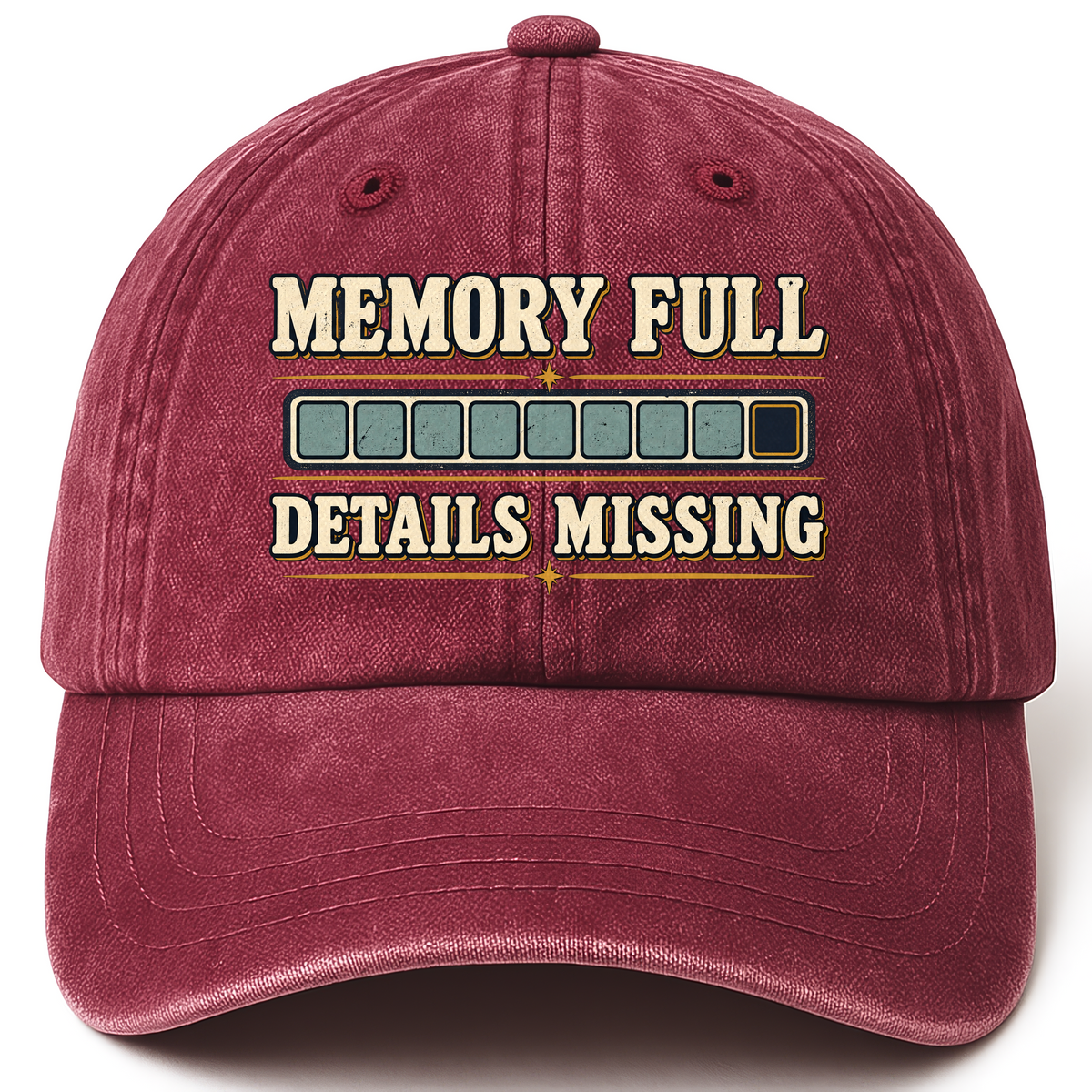Wine Red vintage washed cap with Memory Full Details Missing printed front design