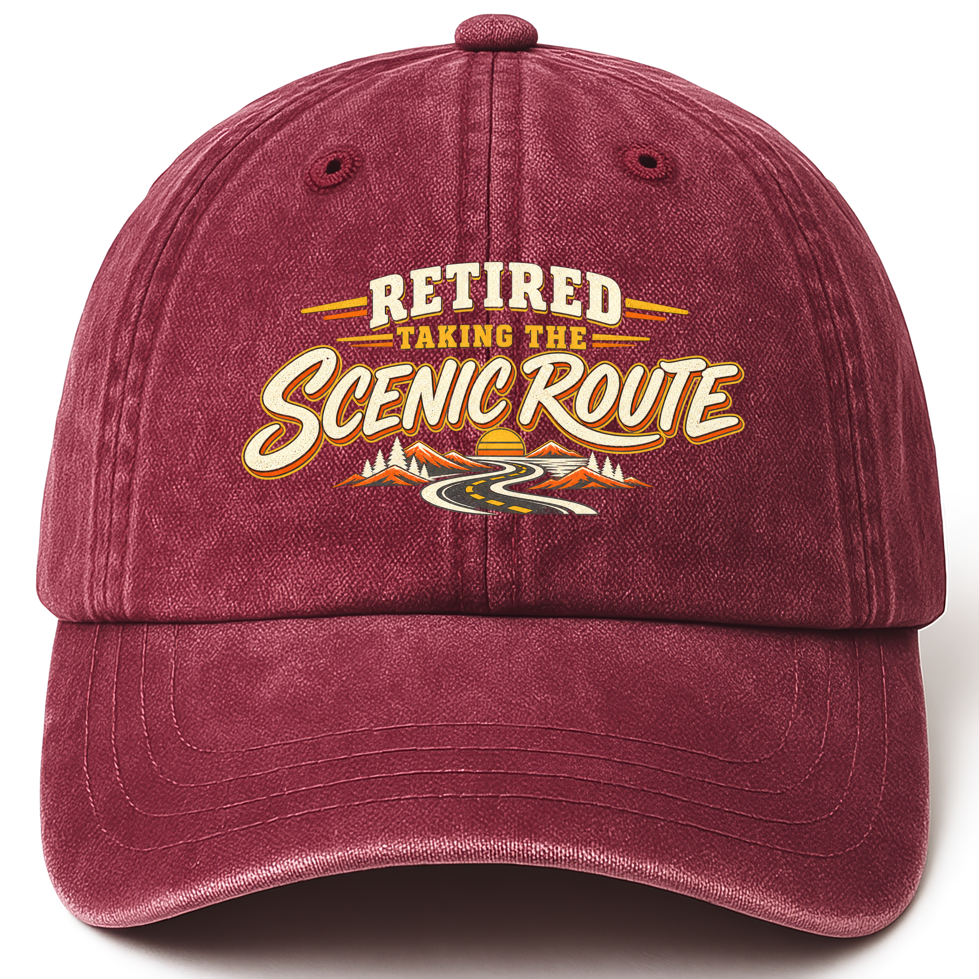 Wine Red vintage washed cap with Retired. Taking The Scenic Route printed front design