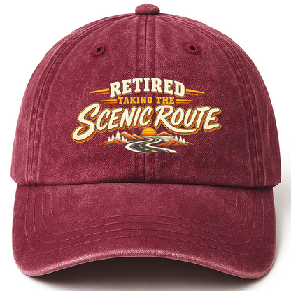 Wine Red vintage washed cap with Retired. Taking The Scenic Route printed front design