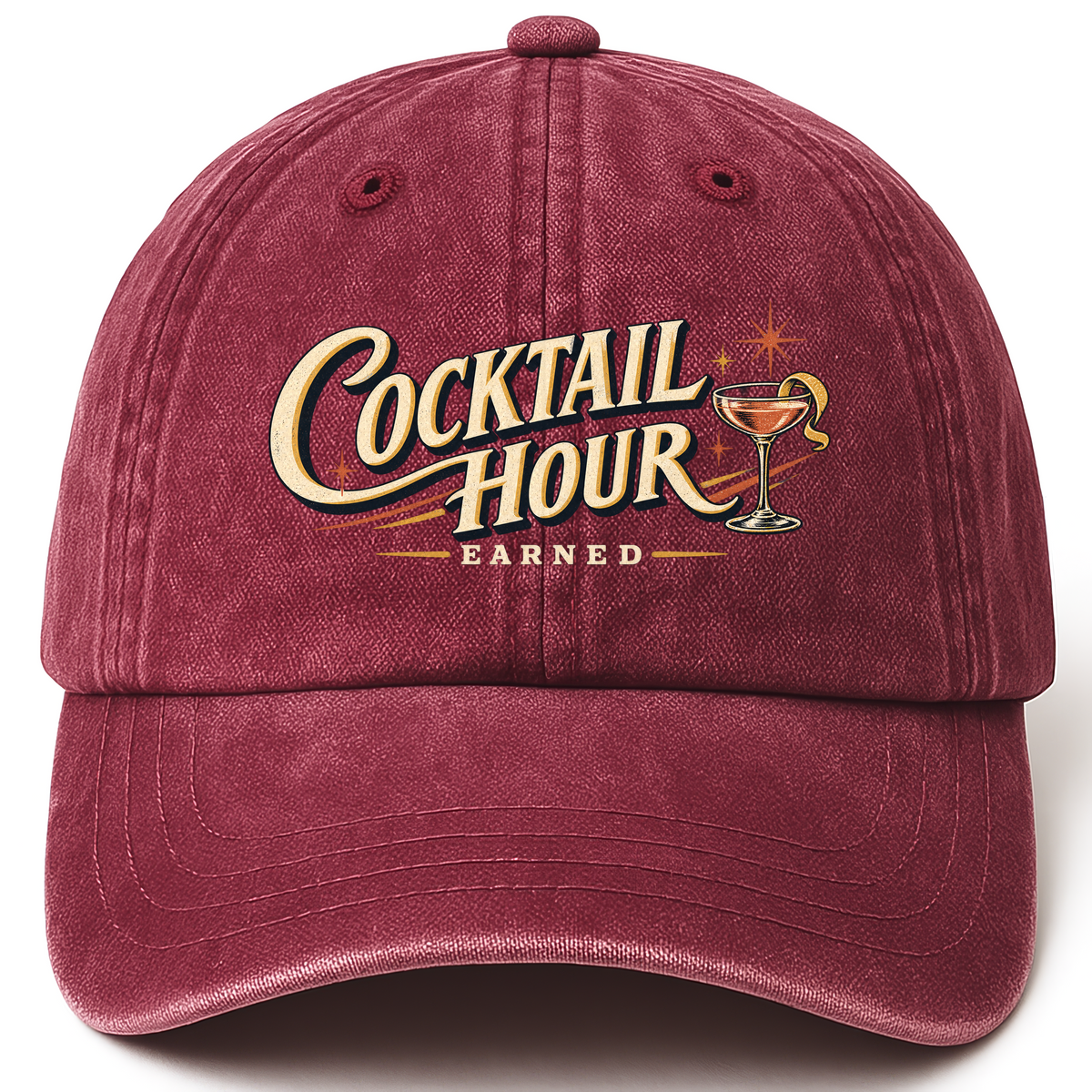 Wine Red vintage washed cap with Cocktail Hour Earned printed front design