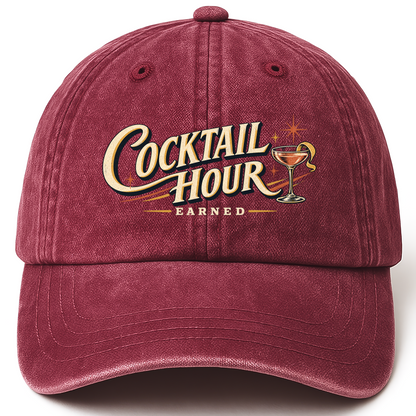 Wine Red vintage washed cap with Cocktail Hour Earned printed front design
