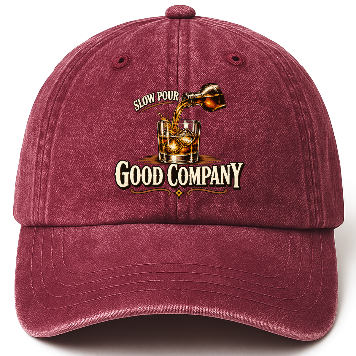 Wine Red vintage washed cap with Slow Pour Good Company printed front design