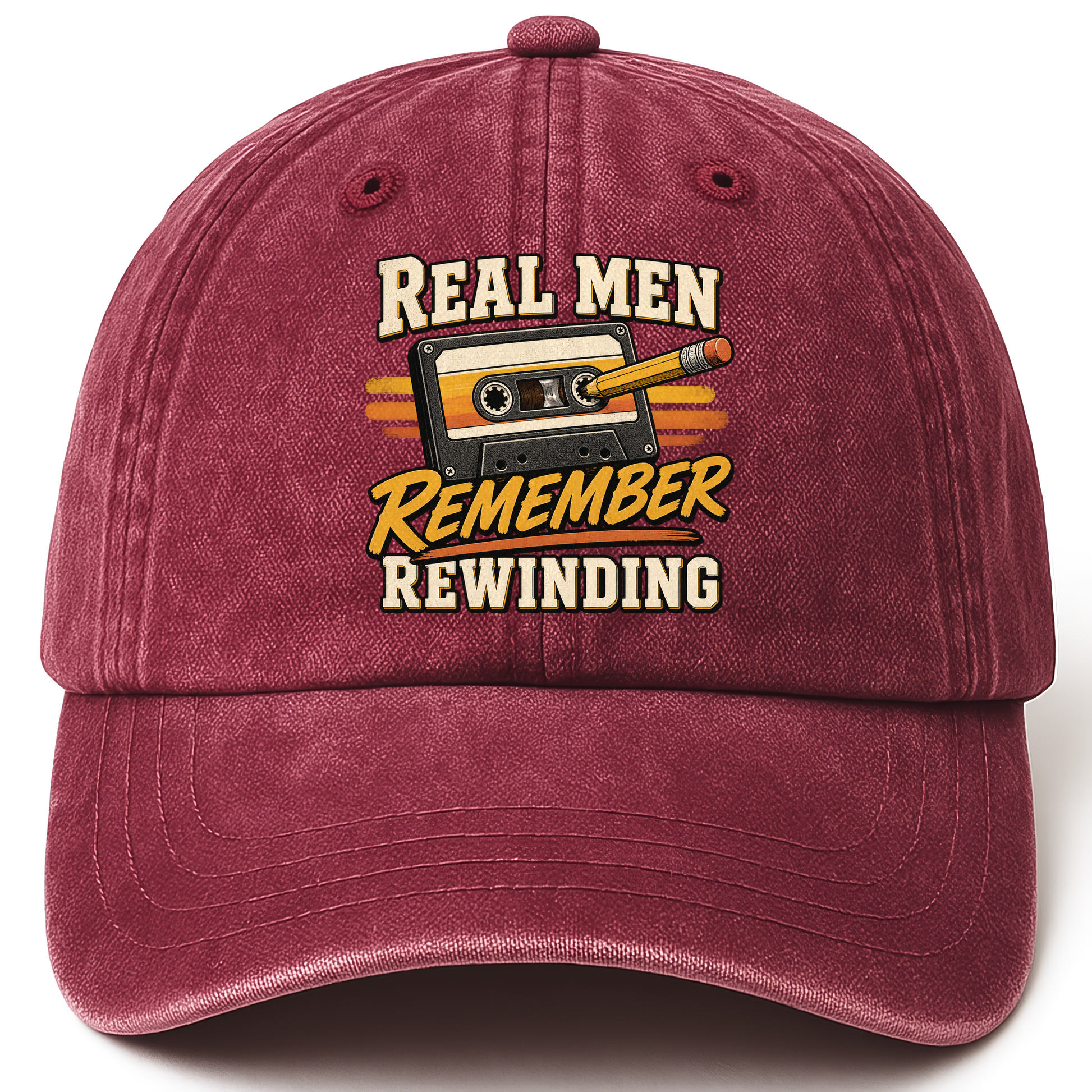 Wine Red vintage washed cap with 45 real men remember rewinding ideogram 4x TRIM pad80 printed front design