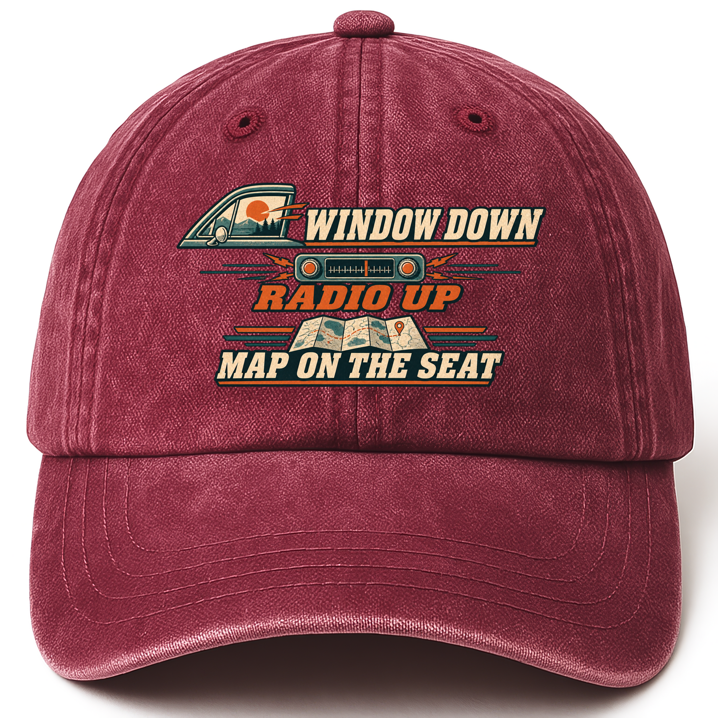 Wine Red vintage washed cap with Window Down Radio Up. Map On The Seat printed front design
