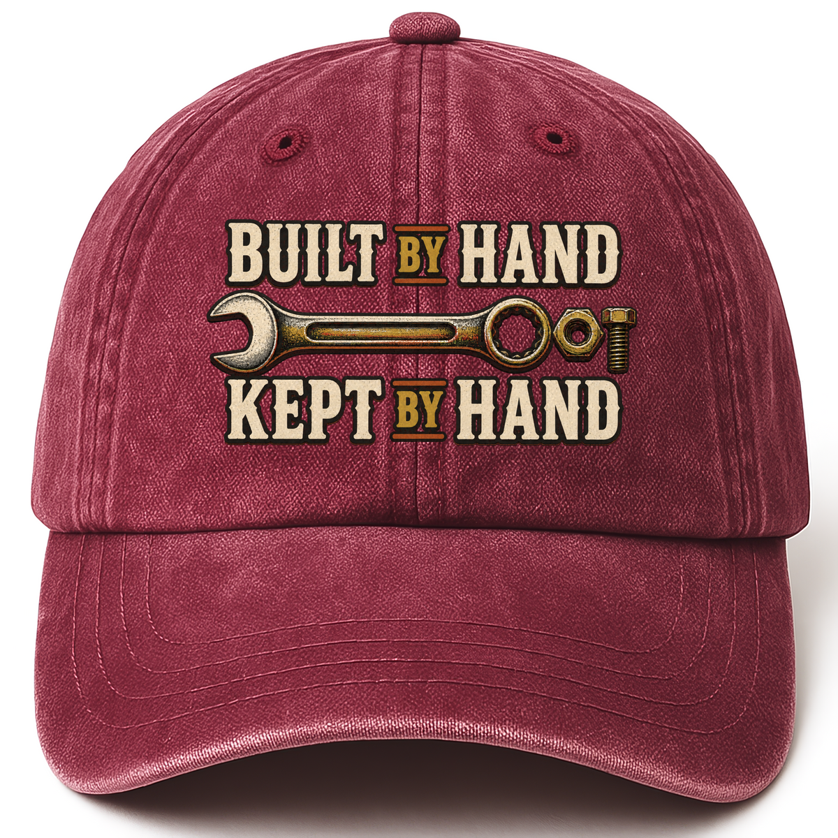 Wine Red vintage washed cap with Built By Hand. Kept By Hand printed front design