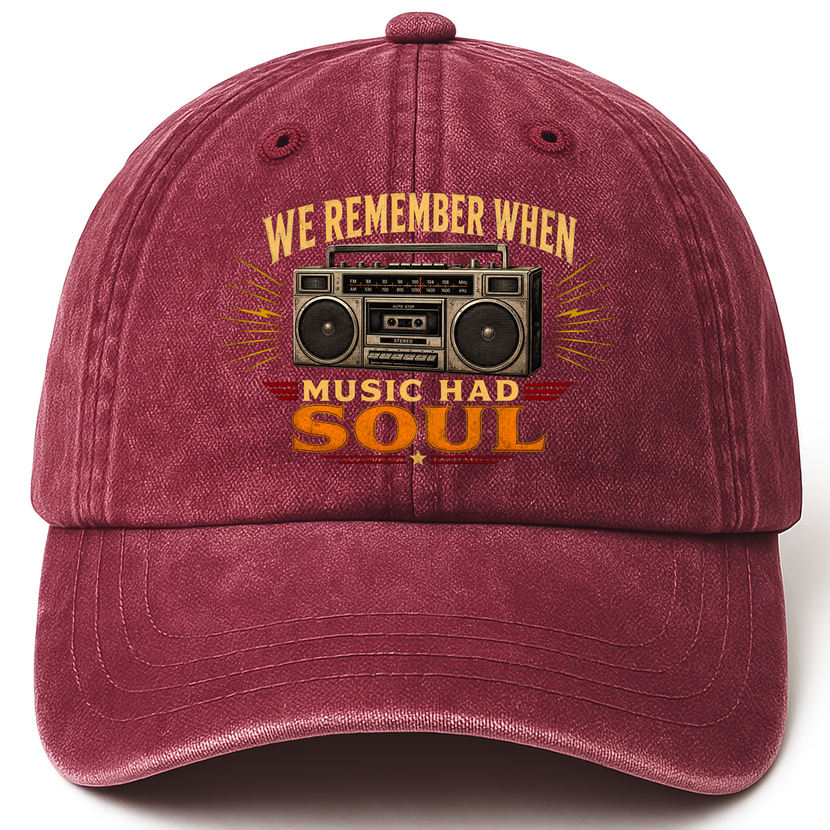 Wine Red vintage washed cap with We remember music soul cap printed front design