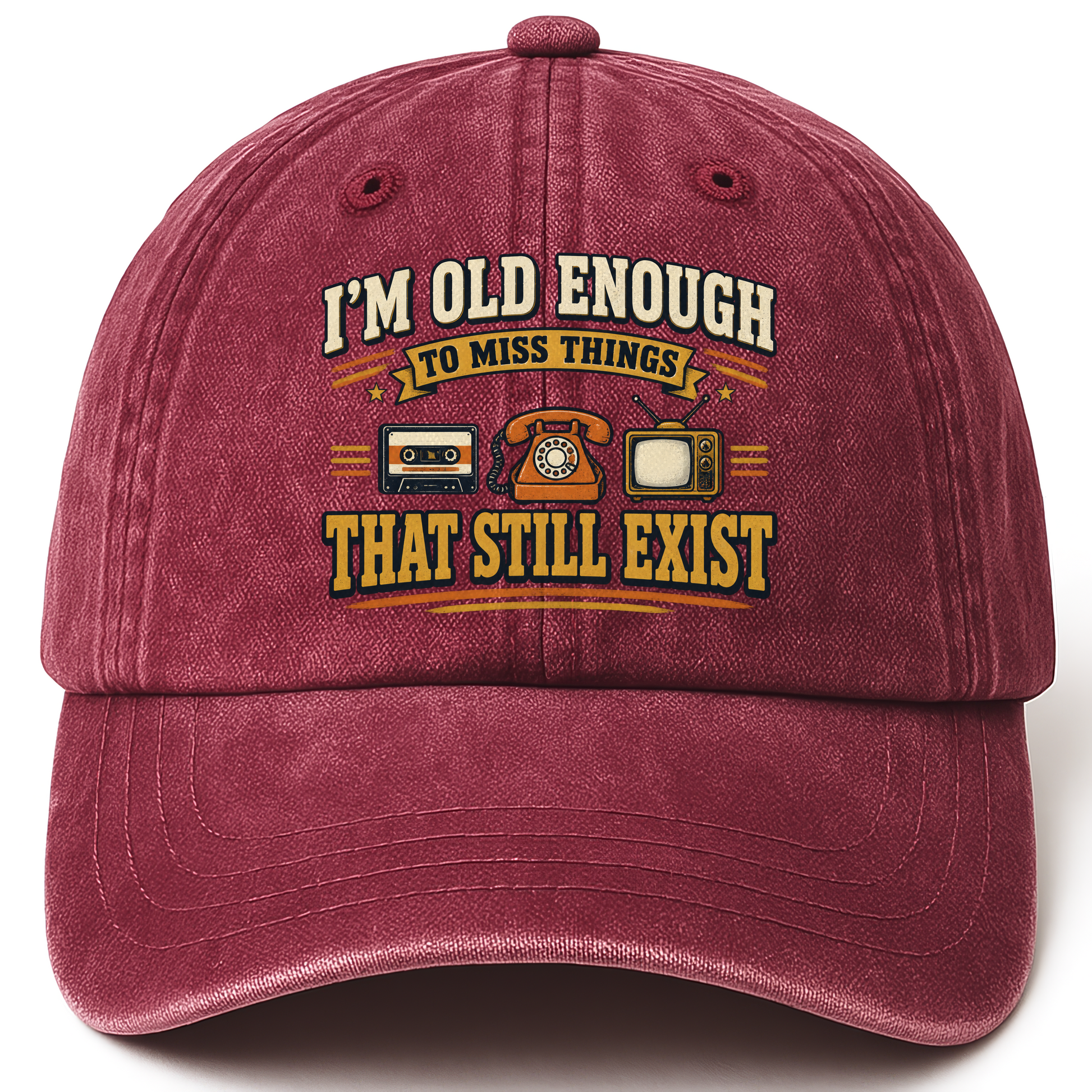Wine Red vintage washed cap with 42 miss things that still exist ideogram 4x TRIM pad80 printed front design