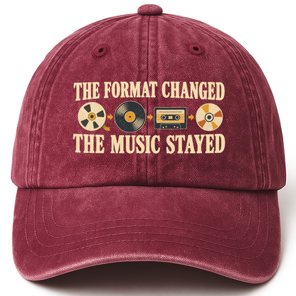 Wine Red vintage washed cap with The Format Changed The Music Stayed printed front design