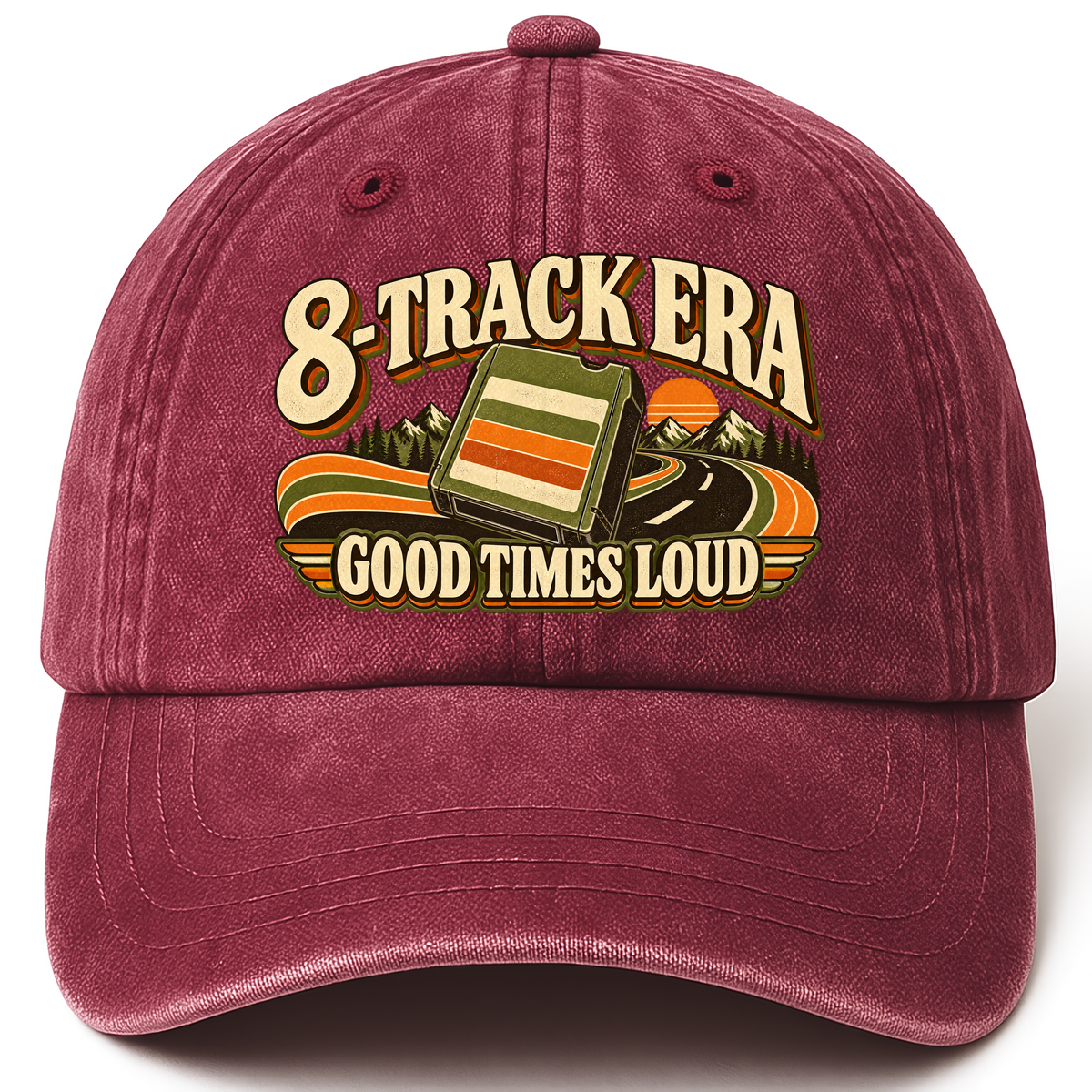 Wine Red vintage washed cap with 8-Track Era Good Times Loud printed front design